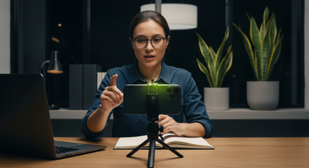 A smartphone on a small desktop tripod recording a video in a modern workspace with natural side light