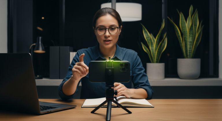A smartphone on a small desktop tripod recording a video in a modern workspace with natural side light